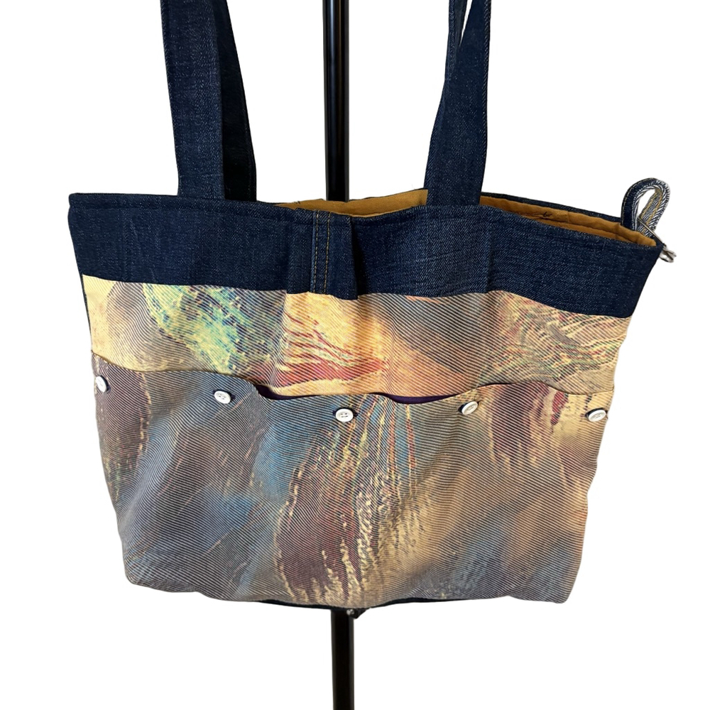 Handmade Blue Jean Tote Bag with front colorful pockets Boho Colorful